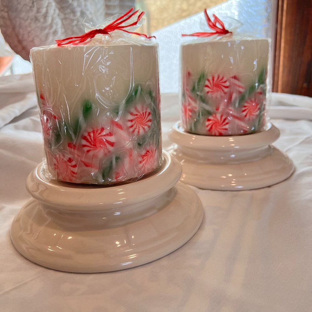 Set of 2 Longaberger Christmas Candles/ Peppermint Inclusions & 2 candle stands